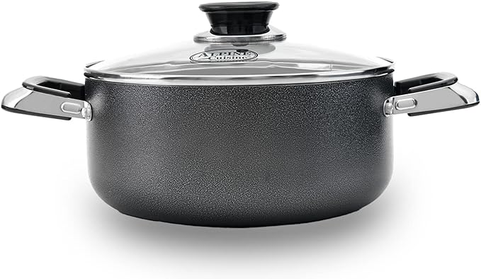 Alpine Cuisine 3 Quart Non-stick Stock Pot with Tempered Glass Lid and Carrying Handles, Multi-Purpose Cookware Aluminum Dutch Oven for Braising, Boiling, Stewing