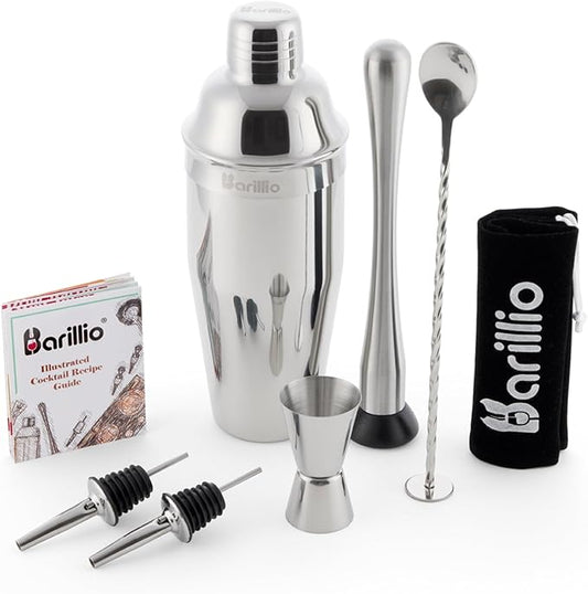 Barillio Mixology Bartender Kit - 8 pcs Stainless Steel Travel Cocktail Shaker Set with Bag - Bar Tools Set with Martini Shaker, Drink Mixer Spoon & Mojito Muddler for Cocktails, Pourers & Jigger