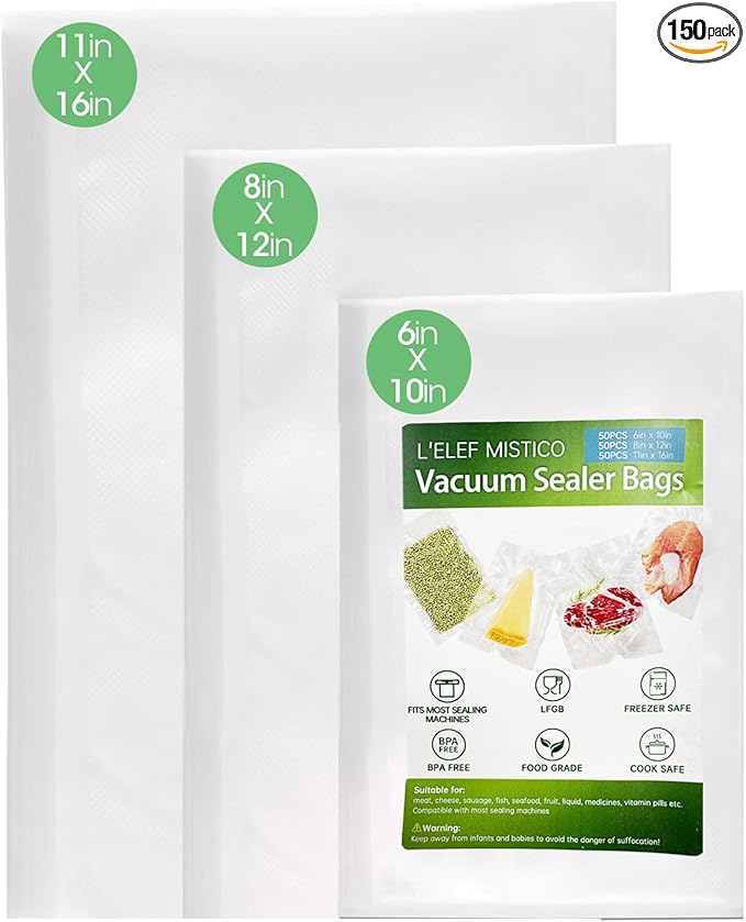 L'ELEF MISTICO Precut Vacuum Sealer Bags for Food, 50 Gallon 11" x 16" & 50 Quart 8" x 12" & 50 Pint 6" x 10" BPA Free Food Saver, Vacuum Storage for Sous Vide and Freezer