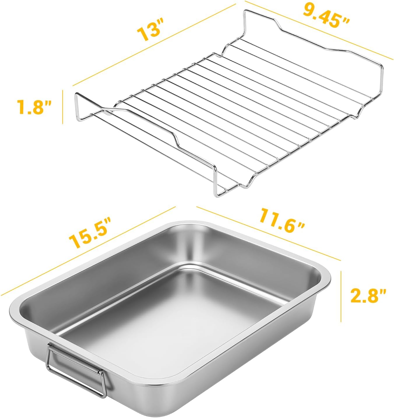 Tifanso Stainless Steel Roasting Pan - Heavy Duty Turkey Roasting Baking Broiler Oven Pan with Rack and Handle for Oven, High Sided Easy to Clean Induction Roast Tray for Chicken, Vegetable, Lasagna