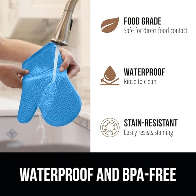 GORILLA GRIP BPA-Free Soft Silicone Oven Mitts, Heat Resistant and Waterproof Cooking Gloves, Thick Cotton Lining, Flexible Gripping for Baking Grilling, Kitchen Potholders Set of 2, 12.5x8.3, Aqua