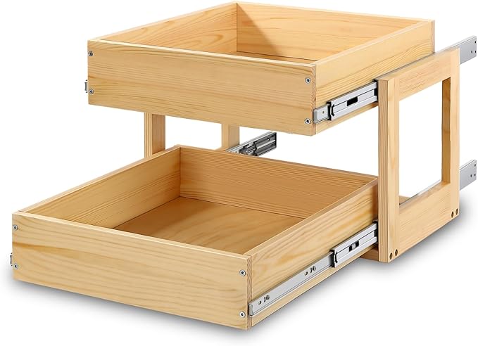 Pull Out Cabinet Organizer, 26''W×21''D×16''H Soft Close Slide Out Wood Drawer Shelves Storage for Kitchen, 2-Tier, Finished, Heavy-Duty, Bottom Assembly