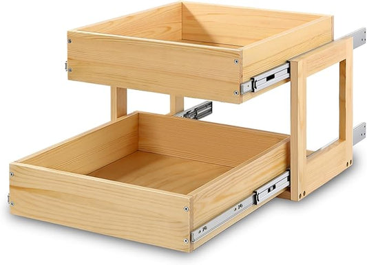 Pull Out Cabinet Organizer, 26''W×21''D×16''H Soft Close Slide Out Wood Drawer Shelves Storage for Kitchen, 2-Tier, Finished, Heavy-Duty, Bottom Assembly