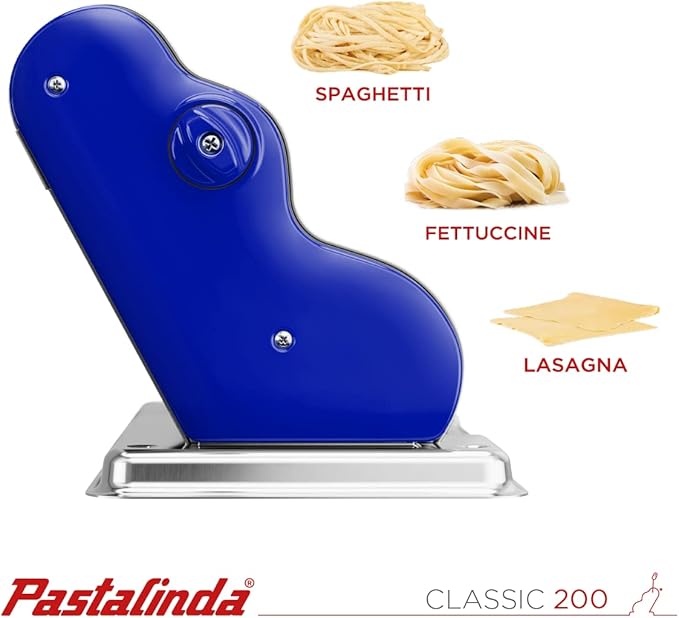 PASTALINDAClassic 200 Pasta Maker Machine, 20 cm Wide Rollers, 9 Thickness Positions, 2 Cutting Positions, Stainless Steel. Includes Reinforced Hand Crank And Two Clamps (Blue)