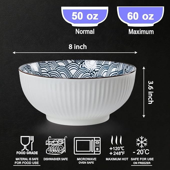 Houlu 60 oz Pho Bowls, Large Soup Bowl, Japanese Ramen Bowl Set, 8 inches Big Porcelain Bowls Set of 3, Wave Pattern