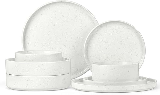 Herogo 8 Piece Dinnerware Sets with Pasta Bowls for 2, Dinner Salad Plates and Cereal Serving Bowls, Stoneware Dishes Dinner Ware for Kitchen Dining, Chip & Scratch Resistant Dishware, Speckled White