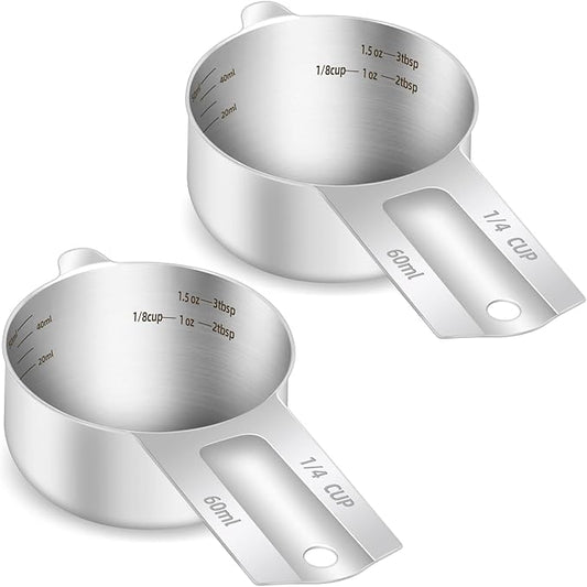 2PCS 1/4Cup (60ml, 2oz) Single Measuring Cup, Etched Inner Scale Stainless Steel Measure Scoop, Metric and US Measurement, Dishwasher Safe