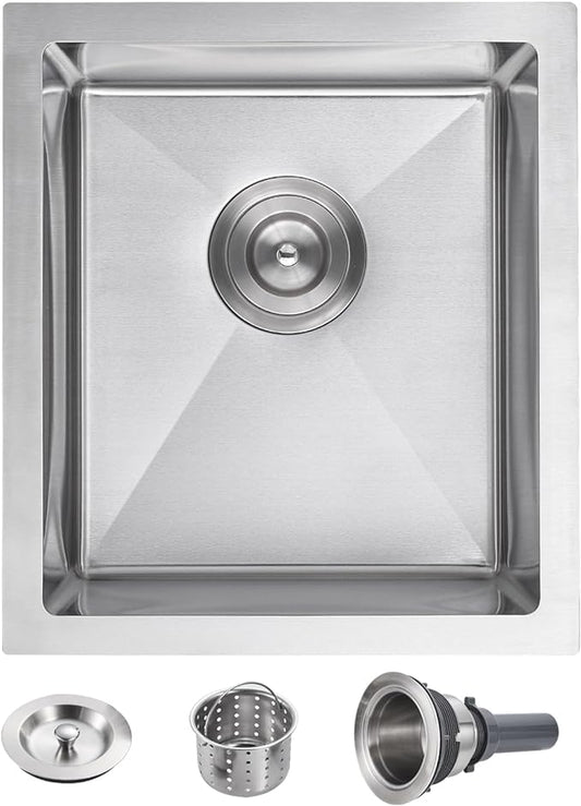 POPFLY 15x17 Inch Undermount Bar Prep Sink, 15” Undermount Rectangle Kitchen Sink, 304 Stainless Steel Single Bowl Small Kitchen Rv Sinks, Brushed