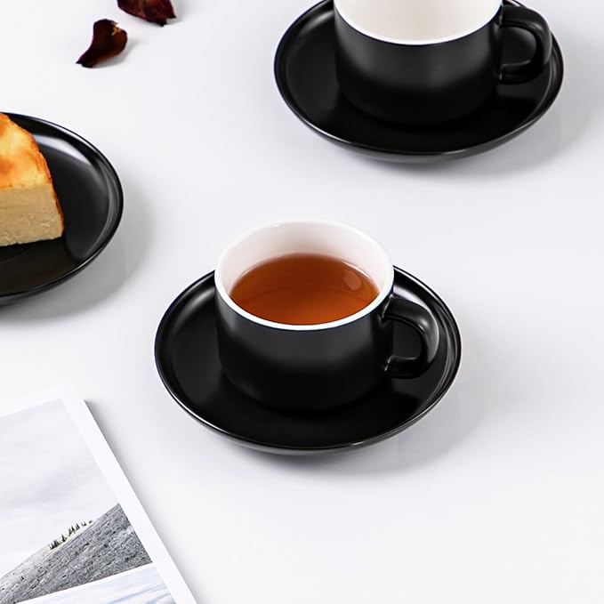 Black Tea Cups and Saucers Set of 4 Porcelain Tea Cups 6.76oz for Tea, Espresso, Latte - Porcelain Mugs for Kitchen or Cafe (black)