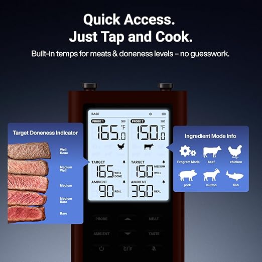ThermoMaven 3000FT Smart Wireless Meat Thermometer, Sub-1G Long Range, 6 Sensors NIST Certified Accuracy, 2 Thin Probes, Standalone Base with Large LCD for Grill, Smoker, Oven, BBQ