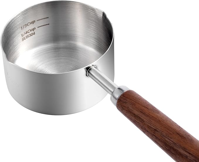 Kichwit Dog Food Scoop, 1 Cup and 1/2 Cup, 304 Stainless Steel Pet Food Scoop Measuring Cup with Wooden Handle, Set of 2