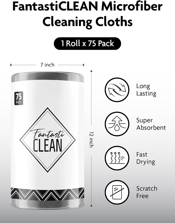 Fantasticlean Microfiber Cleaning Cloth Roll -75 Pack, Tear Away Microfiber Towels, 12" x 12", Reusable, Washable, Scratch Free, Ultra Absorbent for Car, Home Supplies (DimGray)