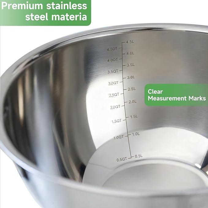 Mixing Bowls with Airtight Lids, Clear Lid with Valve, Stainless Steel Nesting Bowl Set, 3-Piece Bowls(1.5/3/5 QT), Measurement Marks, Non-Slip Silicone Base, Dishwasher Safe, Food Prep & Storage