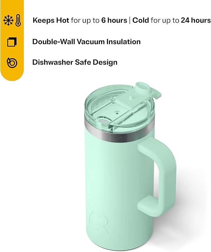 RTIC 16oz Road Trip Travel Mug with Lid and Handle, Ceramic Lined, Insulated, Stainless Steel, Metal, Double Wall Vacuum-Insulation, Portable Coffee, Tea Cup for Hot and Cold Drink, Fresh Mint