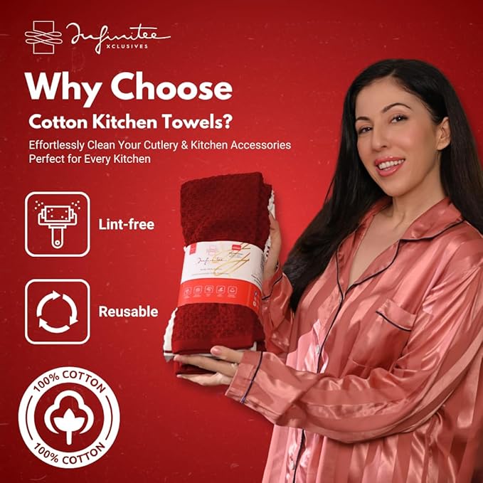 Infinitee Xclusives 100% Cotton Kitchen Towels - 15x25 Inch Ultra Soft Tea Towels, Super Absorbent Terry Dish Towel for Kitchen Linens |Passionate Red|