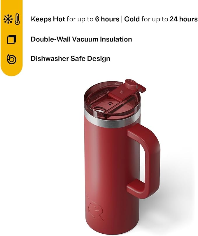 RTIC 20oz Road Trip Travel Mug with Lid and Handle, Insulated, Stainless Steel, Metal, Double Wall Vacuum-Insulation, Ceramic Lined, Portable Coffee, Tea Cup for Hot and Cold Drink, Black Cherry