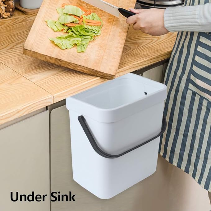 Hanging Small Trash Can with Lid Under Sink for Kitchen, 5 L/ 1.3 Gallons Plastic Waste Basket,Food Waste Bin,Kitchen Compost Bin for Counter Top,Bathroom/Office (White)