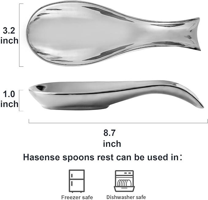 Hasense Spoon Rest for Stove Top, Large Ceramic Spoon Holder for Kitchen Counter, Cooking Utensil Rest for Spatula Ladle Spoon and Tong, Kitchen Spoon Rest for Home and Coffee Bar Accessories, Silver
