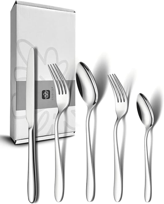 40 Piece Silverware Set for 8, Stainless Steel Flatware Set, Cutlery Sets with Mirror Finish, Dishwasher Safe, Modern Kitchen Forks, Spoons, Knives, Eating Utensil Sets