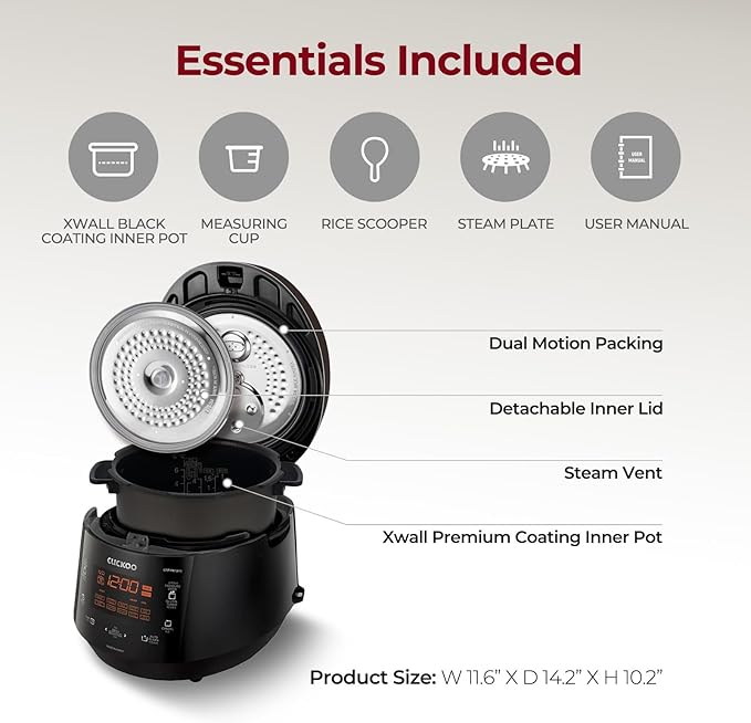 CUCKOO High Pressure Rice Cooker 6-Cup Uncooked / 12-Cup Cooked with Nonstick Inner Pot, Versatile Rice Maker with 12 Menu Options and Steam Plate, Fuzzy Logic Tech, Voice Guide, Black (CRP-P0609S)