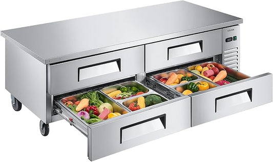 VEVOR Chef Base Refrigerator, 72" W Commercial Chef Bases Worktop Refrigerators, 4-Drawer Under Counter Fridge with 12 Pans Stainless Steel, Heavy-Duty Refrigerated Base, Invisible Door Handle