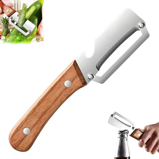 Multi-Functional Vegetable Peeler for Kitchen, Stainless Steel Sharp Blades Carrot Potato Peeler with Wooden Handle and Bottle Opener Kitchen Tool for Fruit Veggie Pumpkin Papaya Zucchini (1 Pcs)
