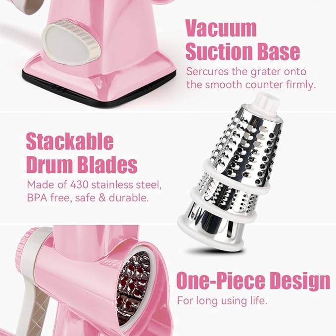 KEOUKE Rotary Cheese Grater Hand Crank Pink - Shredder Slicer Grinder 3 Stainless Steel Blades, Stable Suction, Labor-Saving Handle, Safe Kitchen Tool for Cheese, Vegetable, Nuts, Chocolate