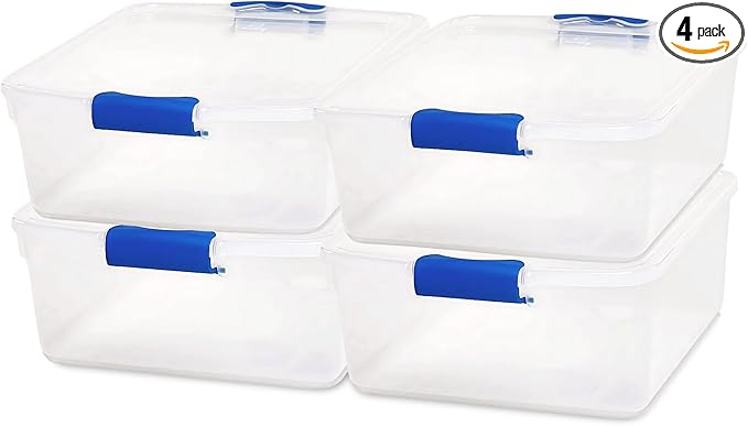 HOMZ 4-Pack Latching Lid, Small Clear Plastic Storage Bins w/ Lids, 15.5 Quart, Blue Latch - Stackable Container Boxes for Home, Bathroom, and Office Organization