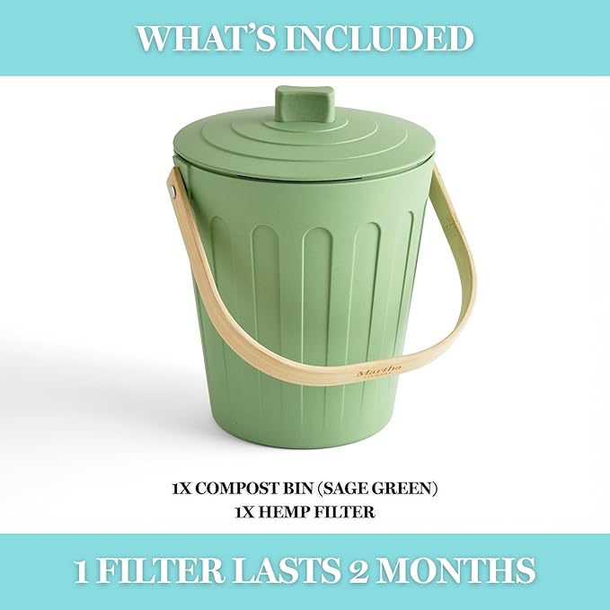 Martha Stewart Indoor Compost Bin | Countertop Composting Bucket for Kitchen | .7 Gallon Capacity | Includes Filter | Plant Based Materials | Sage Green