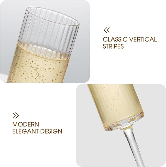 Topsky Ribbed Champagne Flutes Set of 2, 7 oz Crystal Champagne Glasses, Vintage Unique Ridged Design, Clear Mimosa Glasses, Cocktail or Wedding Toasting Glasses, Inner Stripe
