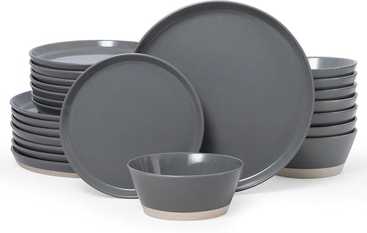 Famiware Saturn Speckled Dinnerware Sets for 8 (24 Pieces), Stoneware Plates and Bowls Dish Set - Chip and Scratch Resistant, Microwave and Dishwasher Safe, Dark Gray