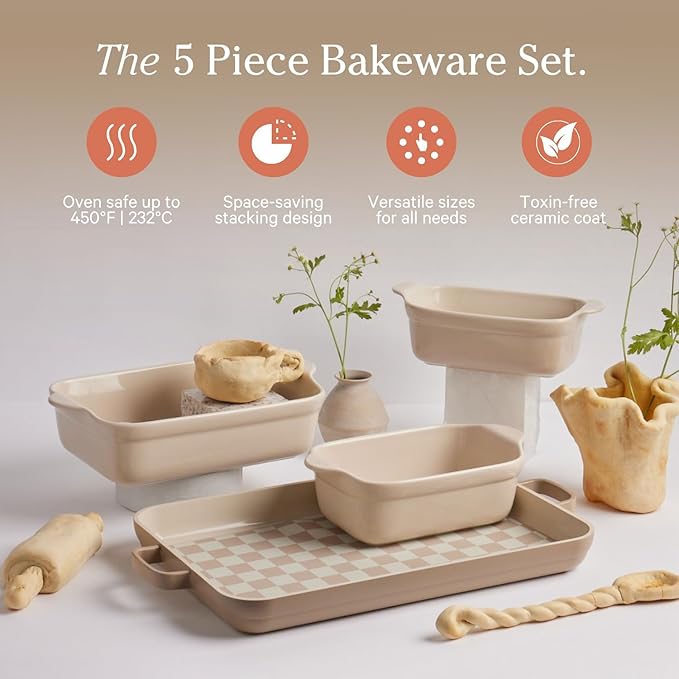 Our Place Bakeware Set | 5-Piece Nonstick, Toxin-Free, Ceramic, Cast Aluminum Set with Oven Pan, Bakers, & Oven Mat | Space-Saving Nesting Design | Oven-Safe | Bake, Roast, Griddle and more | Steam