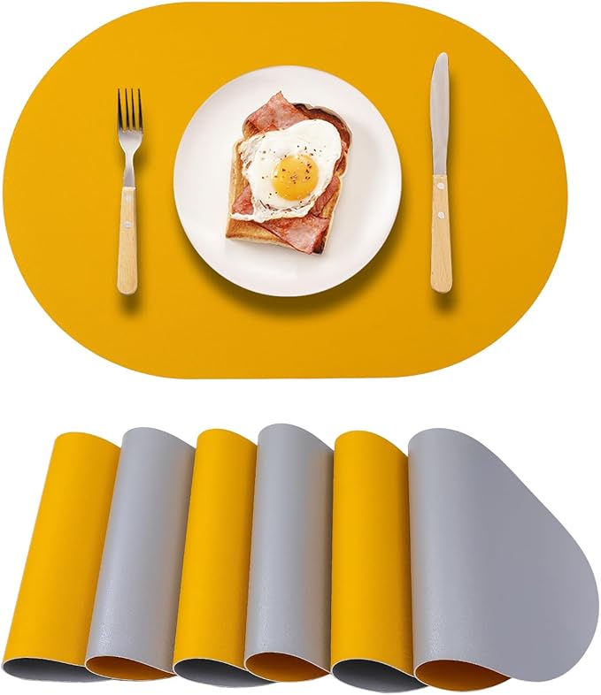 Oval PU Placemats Set of 6,Reversible Faux Leather Placemat for Dining Table,Waterproof Heat Resistant Wipeable Anti Slip Table Mats,Modern Table Protectors(Yellow and Silver)