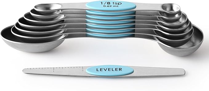 Spring Chef Stainless Steel Magnetic Measuring Spoons Set of 8 with Leveler, Metal Teaspoon & Tablespoon Measuring Spoons with Strong Magnets, Kitchen Gadgets for Baking & Cooking - 2 Pack - Aqua Sky