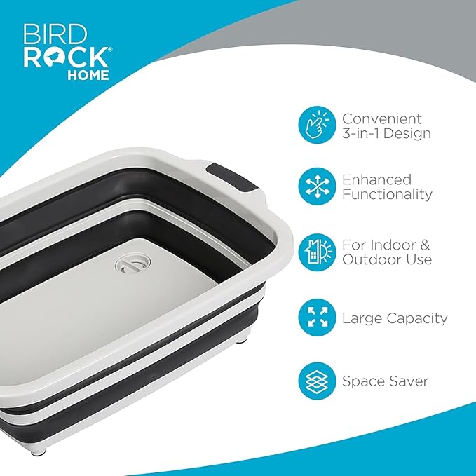 BIRDROCK HOME 2-pack Collapsible BBQ Prep Tub w/Cutting Board, Multi-Function Grill Caddy w/Colander & Lid, Portable Silicone Dish Bowl for Picnic, Tailgate, Camping (Black, Large, X-Large)