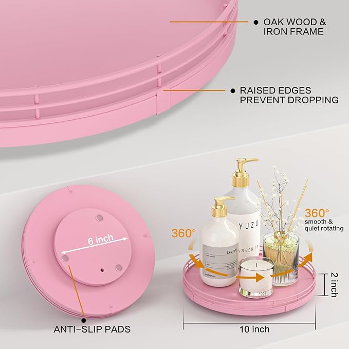 10" Oak Wood Bathroom Tray for Counter, Vanity Tray for Perfume Lotion Candle Makeup Jewelry Sink Soap Holder Turntable Dresser Organizer Countertop Coffee Table Decor Organization and Storage Pink