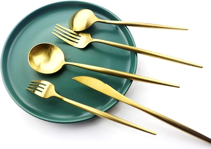 Gugrida 20 Pieces Matte Gold Handle 18/10 Stainless Steel Silverware Set, Flatware Titanium Black Cutlery, Utensils for Home Restaurant Service for 4, Dishwasher Safe (Full Gold)