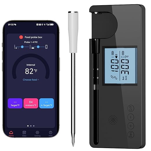 Meat Thermometer Digital Wireless with 800ft Range, Bluetooth 5.3 Food Thermometer with Dual-Temperature Probe, LCD Display and App&Case Setting for Grilling Smoking Cooking