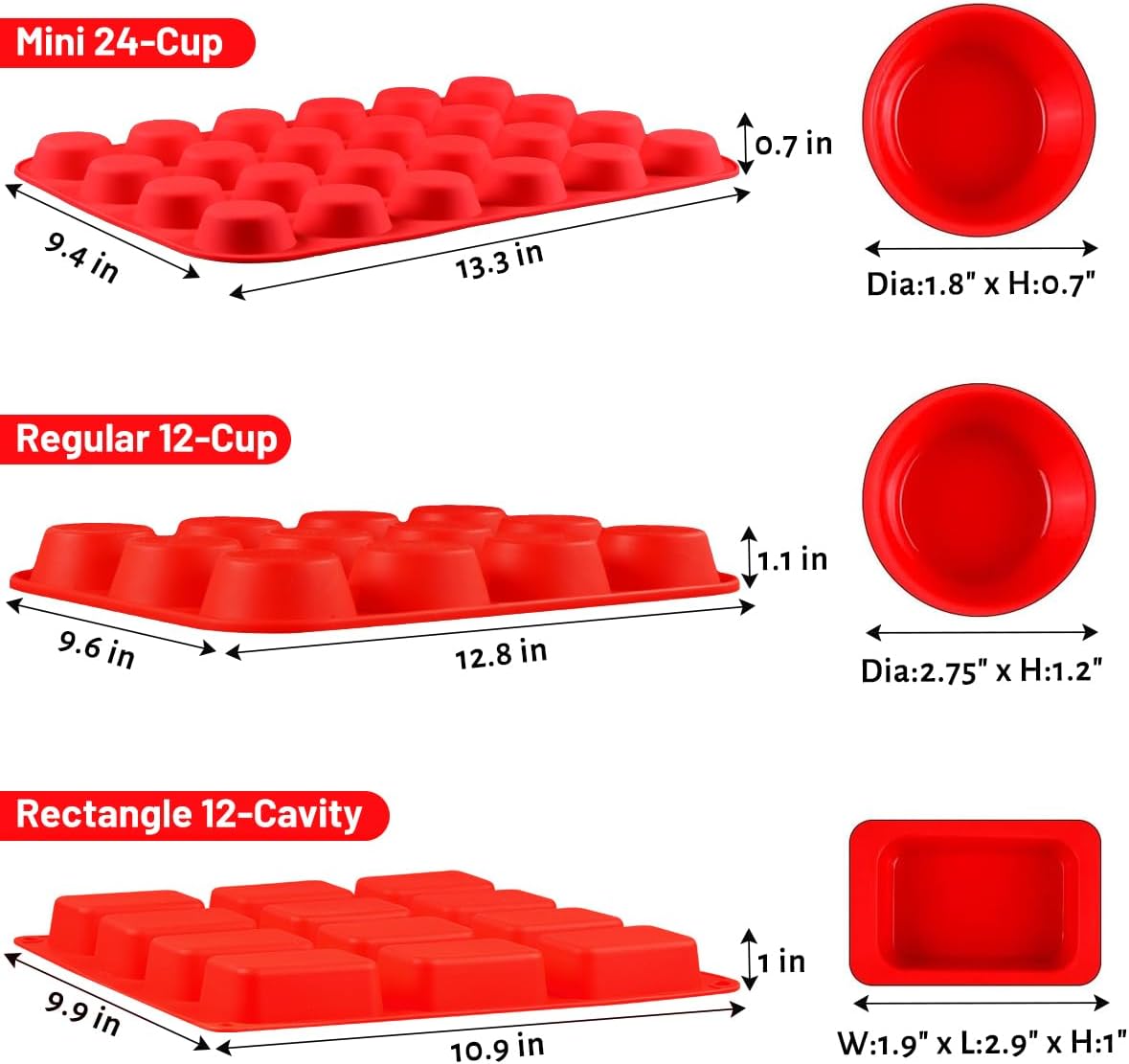 CAKETIME Silicone Muffin Pan- 24 Cups Mini Muffin Pan, Regular 12 Cups Cupcake Pan, 12 Cups Mini Loaf Pan Bakeware Sets