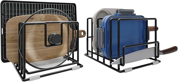 2 Pack Cutting Board Organizer and Pot Lid Holder, Kitchen Cabinet Organizer Rack with 7 & 5 Compartments, Heavy-Duty Iron Baking Sheet Pan Organizer with Non-Slip Base, Space-Saving Kitchen Storage