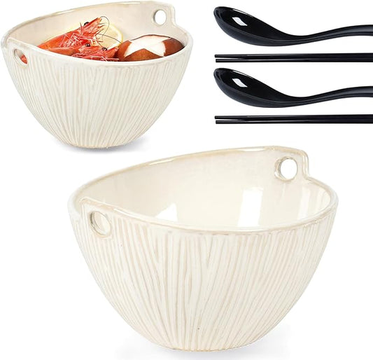 Ceramic Ramen Bowl with Chopsticks,6.7 Inch Noodle Bowls,Pho Bowls and Spoons Set,Japanese Bowl for Pho,Udon,Soba,Noodle,Microwave Safe,Set of 2 (Retro White)