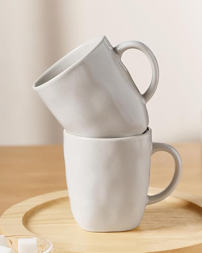 famiware Coffee Mugs Set of 4, Ocean Square 13oz Coffee Cup Set with Handle for Cocoa, Milk, Hot Chocolate, Tea, Water, Stoneware Cups for Kitchen, Microwave and Dishwasher Safe, Matte White