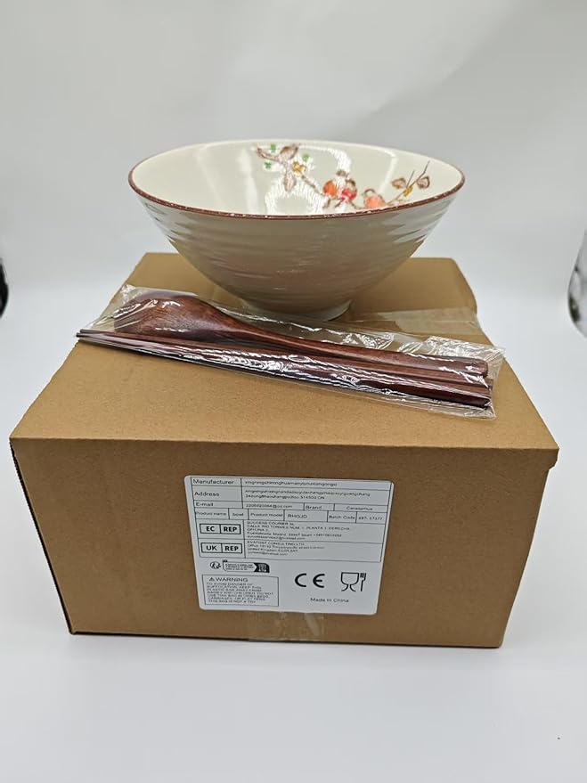 40 OZ ceramic ramen bowls, 8 IN large Japanese noodle soup bowl, match chopsticks and spoons, suitable for Pho, Udon Asian noodles (Flowers and birds)