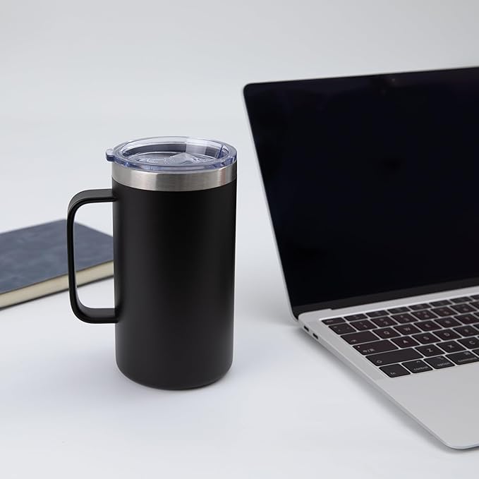 DOMICARE 24oz Mug with Handle and Lid, Stainless Steel Coffee Mug, Reusable Insulated Cup, Travel Mug with Handle, Double Wall Vacuum Coffee Tumbler for Men and Women, Black, Pack 1