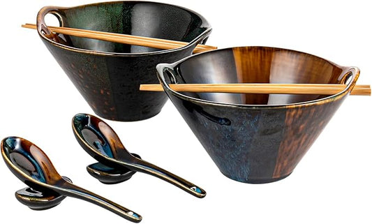 HENXFEN LEAD Japanese Ramen Noodle Bowl Set of 2-30 Oz Large Porcelain Salad Bowls with Chopsticks, Soup Spoons and Rests, Kitchen Serving Dishes for Pho, Udon