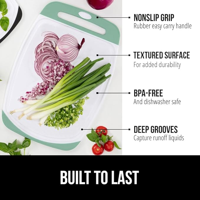 GORILLA GRIP BPA-Free Reversible Kitchen Cutting Board Set of 3, US Designed, Nonporous, Juice Grooves Catch Liquid, Slip Resistant Border, Dishwasher Safe, Durable Large Food Chopping Boards, Mint