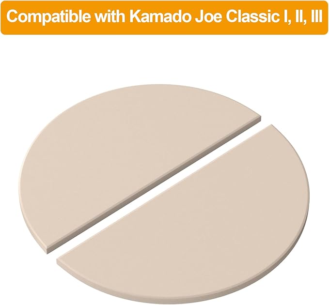 15In Cooking Stone for Kamado Joe Classic I, II & III, Baking Stone Pizza 2-Pack Half-Moon Ceramic Heat Deflector for Big Green Egg Large Eggspander and ConvEGGtor
