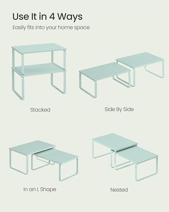SONGMICS Cabinet Organizer Shelf, Set of 2 Kitchen Counter Shelves, Kitchen Storage, Spice Rack, Stackable, Expandable, Metal and Engineered Wood, Moonlight Green UKCS002C01