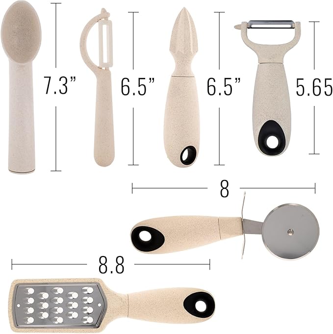 Beille 7pc Wheat Straw Complete Kitchen Utensils Set, Cream