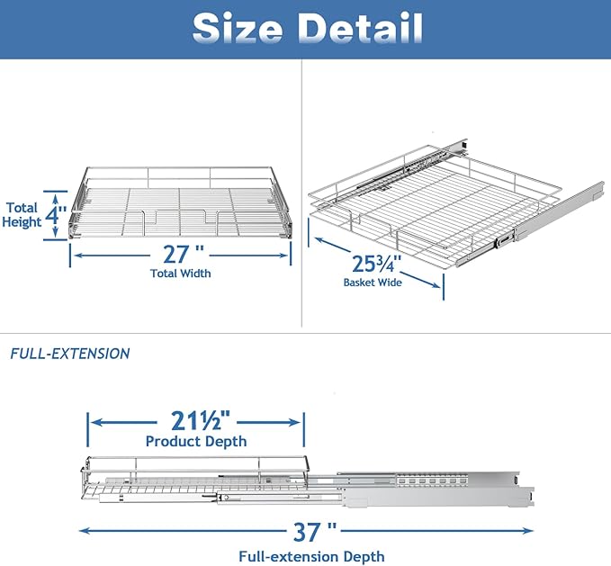 Pull Out Cabinet Organizer 27" W x 21½" D, Heavy Duty Cabinet Pull Out Shelves, Slide Out Drawers Organization for Kitchen Cabinets Bathroom
